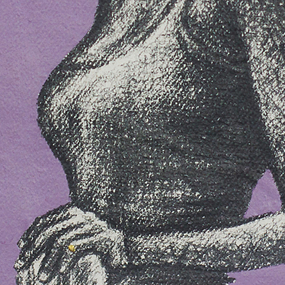 'Uprightness' - Pintura expresionista enmarcada en vidrio de una mujer sobre color morado