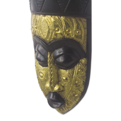 African wood mask, 'Gold Face' - African Sese Wood and Brass Mask from Ghana