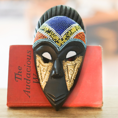 African recycled glass beaded wood mask, 'Pleasant Face' - African Recycled Glass Beaded Wood Mask from Ghana