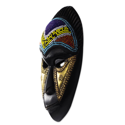 African recycled glass beaded wood mask, 'Pleasant Face' - African Recycled Glass Beaded Wood Mask from Ghana