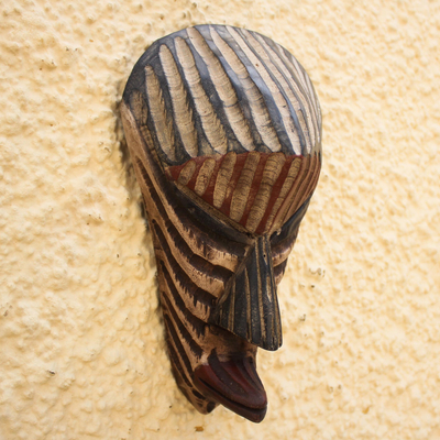 African wood mask, 'Rustic Stripes' - Rustic Striped African Wood Mask from Ghana