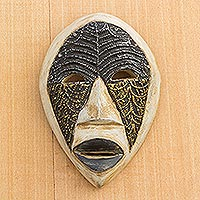 African wood mask, 'Beautiful Pattern' - African Wood Mask with Embossed Brass and Aluminum