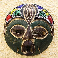 Recycled plastic beaded African wood mask, 'Green Face' - Recycled Plastic Beaded African Mask in Green from Ghana
