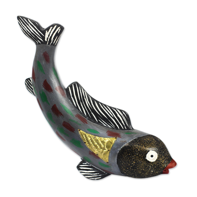 Grey Rustic Sese Wood Fish Sculpture from Ghana