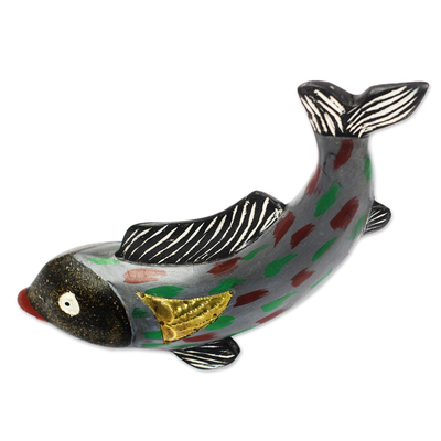 Escultura de madera - Escultura de pez de madera rústica gris de Sese de Ghana