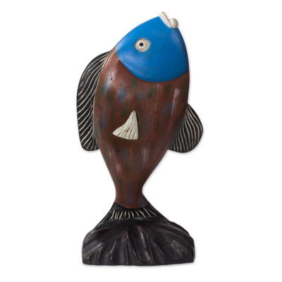 Wood sculpture, 'Opportunistic Fish' - Hand-Carved Rustic Sese Wood Fish Sculpture from Ghana