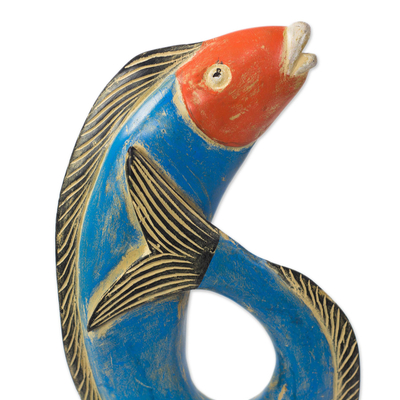 Wood sculpture,' Fish Curl' - Rustic Wood Fish Sculpture in Blue from Ghana