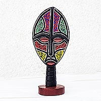 African wood mask, 'Eco Favor' - Recycled Plastic Beaded African Wood Mask on Table