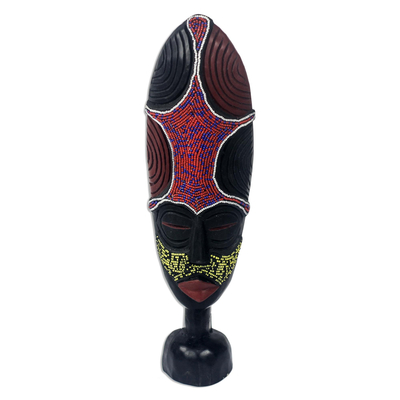 African wood mask, 'Eco Figure' - African Wood Mask Decorated with Recycled Plastic Beads