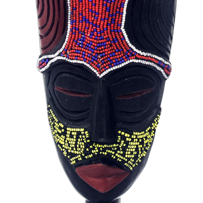 African wood mask, 'Eco Figure' - African Wood Mask Decorated with Recycled Plastic Beads