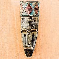 African wood mask, 'Round Hat' - African Wood Mask with a Distressed Finish from Ghana