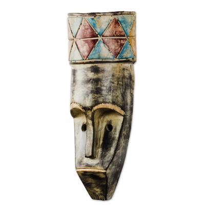 African wood mask, 'Round Hat' - African Wood Mask with a Distressed Finish from Ghana