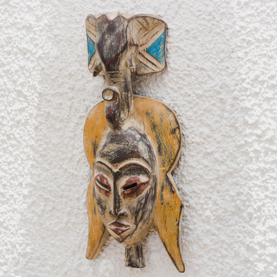 Máscara de madera africana - Máscara de madera africana envejecida con temática de elefante de Ghana