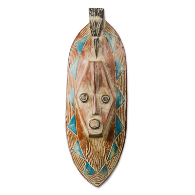 Orange and Blue African Wood Mask from Ghana