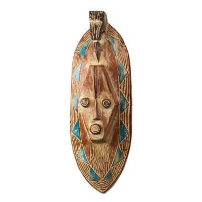African wood mask, 'Bird Companion' - Orange and Blue African Wood Mask from Ghana