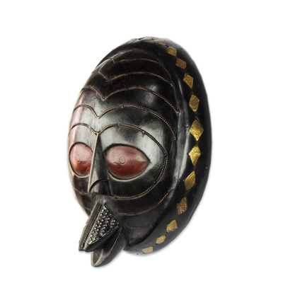 African wood mask, 'Round Prince' - African Wood Mask with Copper Brass and Aluminum Accents