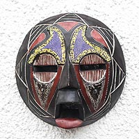 African recycled plastic beaded wood mask, 'Eco Ohene' - African Recycled Plastic Beaded Wood Mask from Ghana