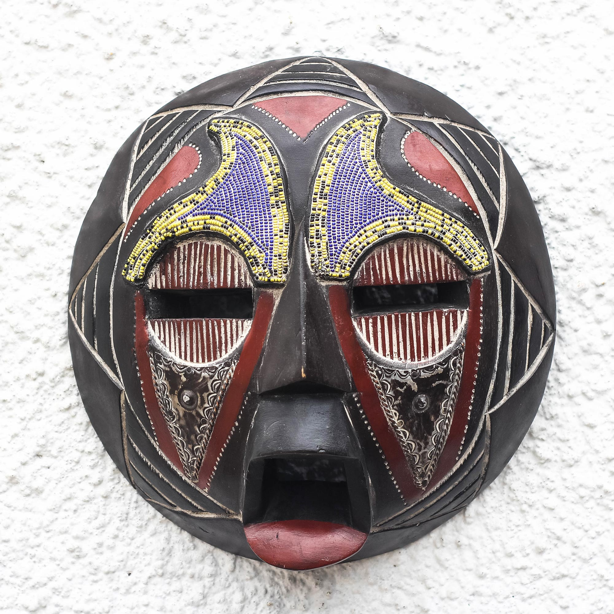 African Recycled Plastic Beaded Wood Mask from Ghana - Eco Ohene | NOVICA