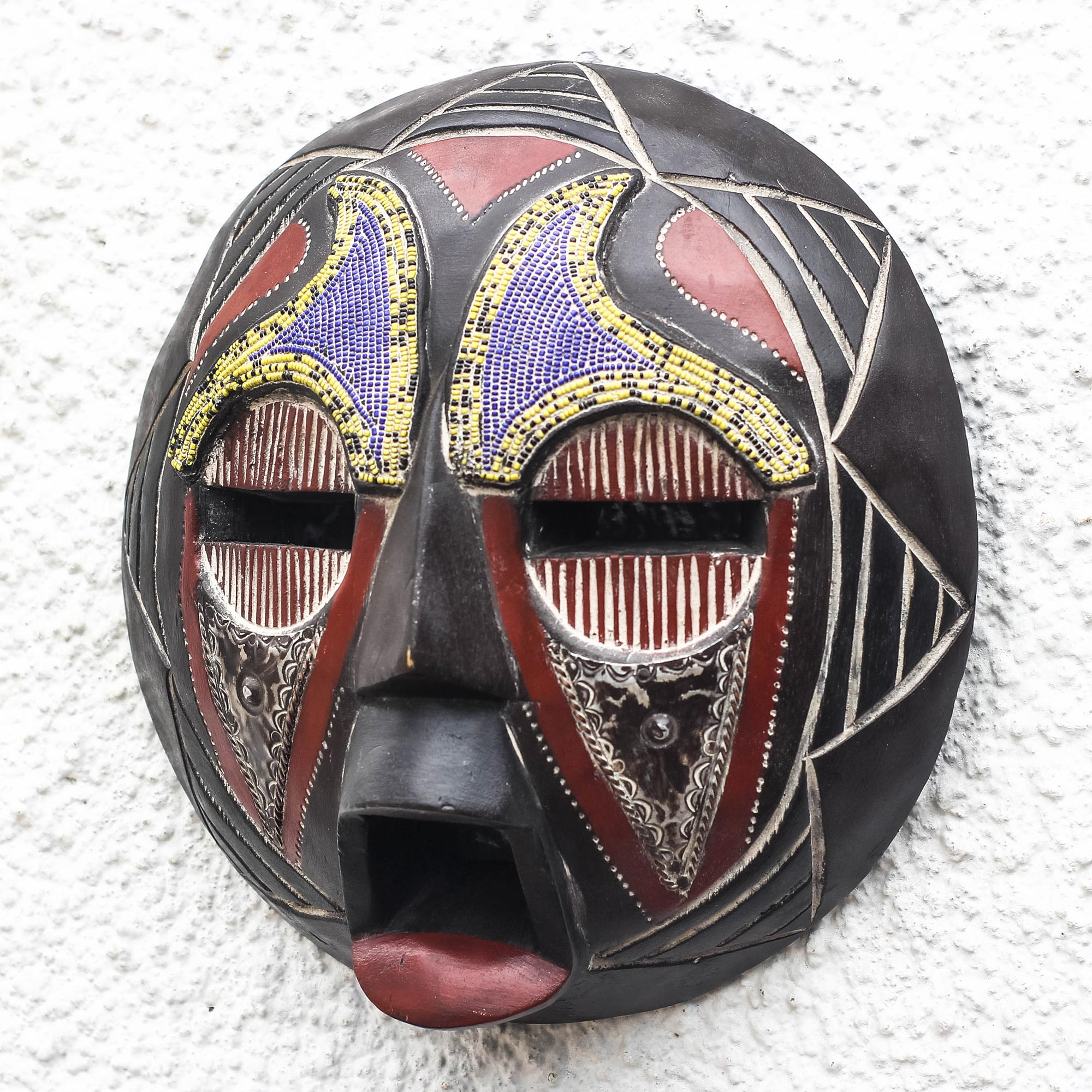 African Recycled Plastic Beaded Wood Mask from Ghana - Eco Ohene | NOVICA