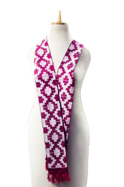 Rayon and cotton blend kente scarf, 'Mulberry Royalty' (4 inch) - Geometric Rayon Blend Kente Scarf in Mulberry (4 In.)