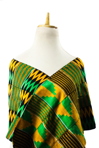 Zigzag Pattern Rayon and Cotton Blend Kente Shawl from Ghana