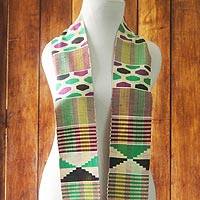 Rayon and cotton blend kente scarf, 'Akoma Colors' - Striped Geometric Rayon and Cotton Blend Kente Scarf
