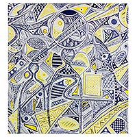 'Cultural Ceremony' (2019) - Blue White and Yellow Abstract Painting from Ghana (2019)