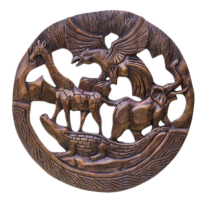 Wood relief panel, 'Circle of Life' - Circular Animal-Themed Wood Relief Panel from Ghana