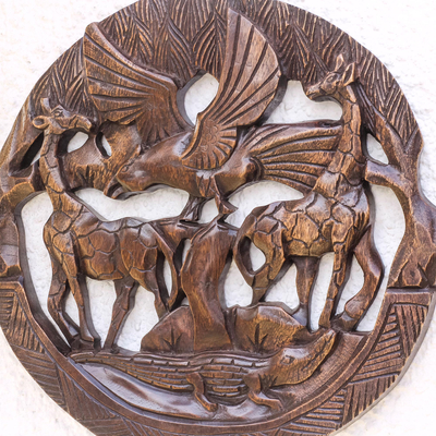 Wood relief panel, 'Circle of Life' - Circular Animal-Themed Wood Relief Panel from Ghana