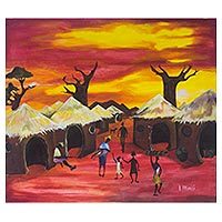 'The Village Life' - Signed Expressionist Village Scene Painting in Red