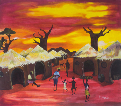'The Village Life' - Pintura de escena de pueblo expresionista firmada en rojo