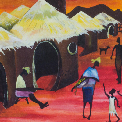 'The Village Life' - Signed Expressionist Village Scene Painting in Red