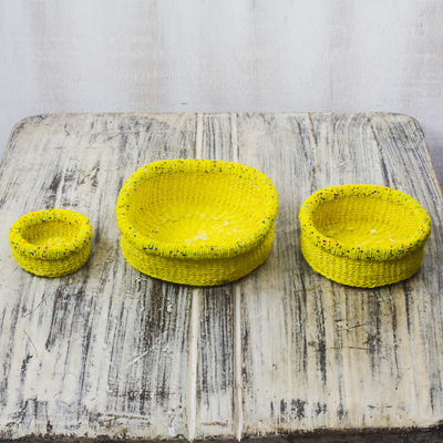 Raffia and recycled plastic decorative baskets, 'Eco Yellow' (set of 3) - Raffia and Recycled Plastic Decorative Baskets (Set of 3)