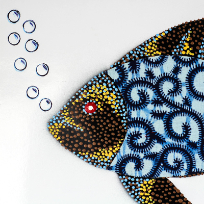 'Fisch in Blau' - Modernes Fischgemälde mit bedrucktem Baumwollakzent in Blau