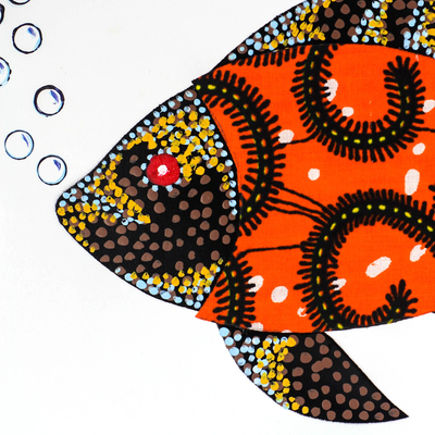 'Fish in Saffron' - Cotton Accented Fish Painting in Saffron from Ghana