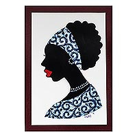 'Mansah in Blue' - Signed African Woman Painting in Blue from Ghana