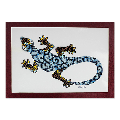 Modern Gecko Painting with Printed Cotton Accent in Blue