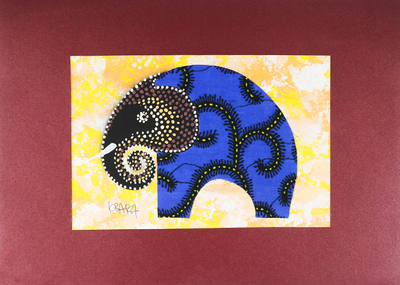 Modern Elephant Painting with Printed Cotton Accent in Blue