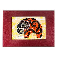 'Saffron Elephant' - Pintura de elefante acentuada en algodón firmada en azafrán