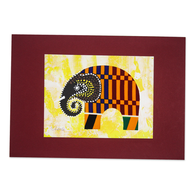 'Kente Elephant' - Elephant Painting with Kente Cloth Cotton Accent from Ghana