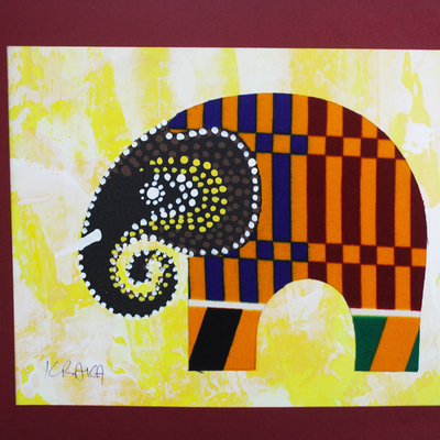 'Kente Elephant' - Elephant Painting with Kente Cloth Cotton Accent from Ghana