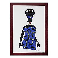 'Ama with Pot in Blue' - Blue Cotton Accented Painting of an African Woman from Ghana