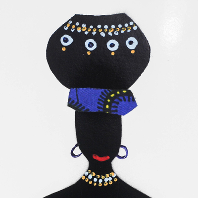 'Ama with Pot in Blue' - Gemälde mit blauem Baumwollakzent einer Afrikanerin aus Ghana