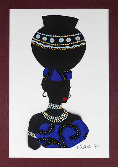 Painting of an African Woman with Blue Cotton Accent