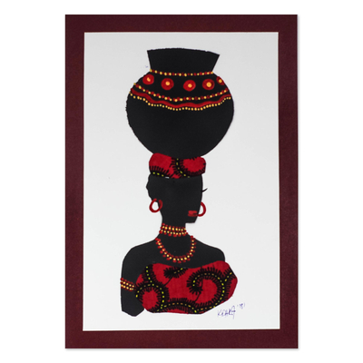 'Yaa in Red' - Gemälde einer afrikanischen Frau mit rotem Baumwollakzent