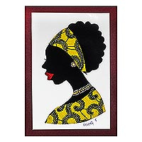 'Mansah in Yellow' - Signed African Woman Painting in Yellow from Ghana