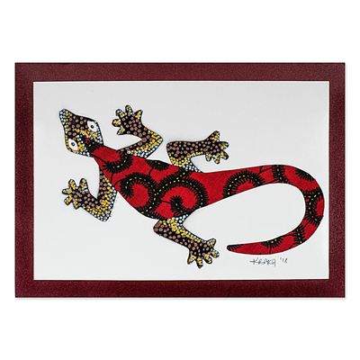Modern Gecko Painting with Printed Cotton Accent in Red