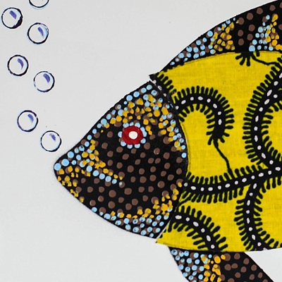 'Fish in Yellow' - Modern Fish Painting with Printed Cotton Accent in Yellow