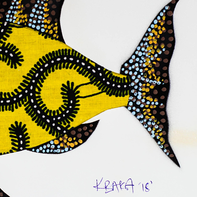 'Fish in Yellow' - Modern Fish Painting with Printed Cotton Accent in Yellow