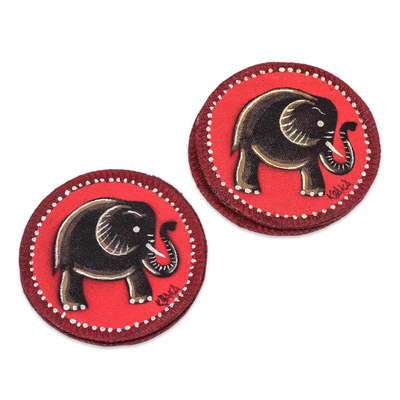 Hand painted cotton coasters, 'Red Elephant' (set of 6) - Elephant-Themed Cotton Coasters from Ghana (Set of 6)